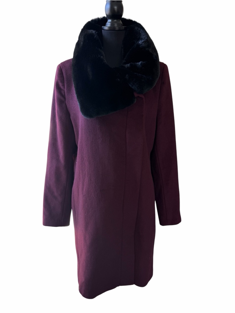 DKNY Asymmetrical Faux Fur Collar Wool Blend Coat Rich Plum Size L